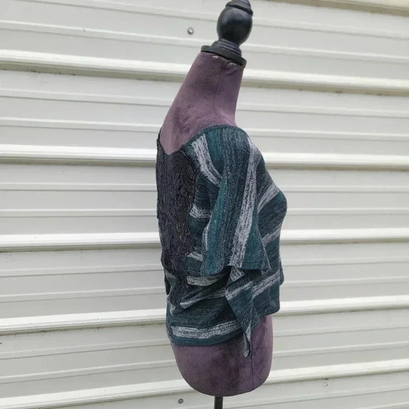 Bongo Women's Green Striped Crop Top Lace Back Knit Sweater BOHO Sz M - Picture 9 of 9